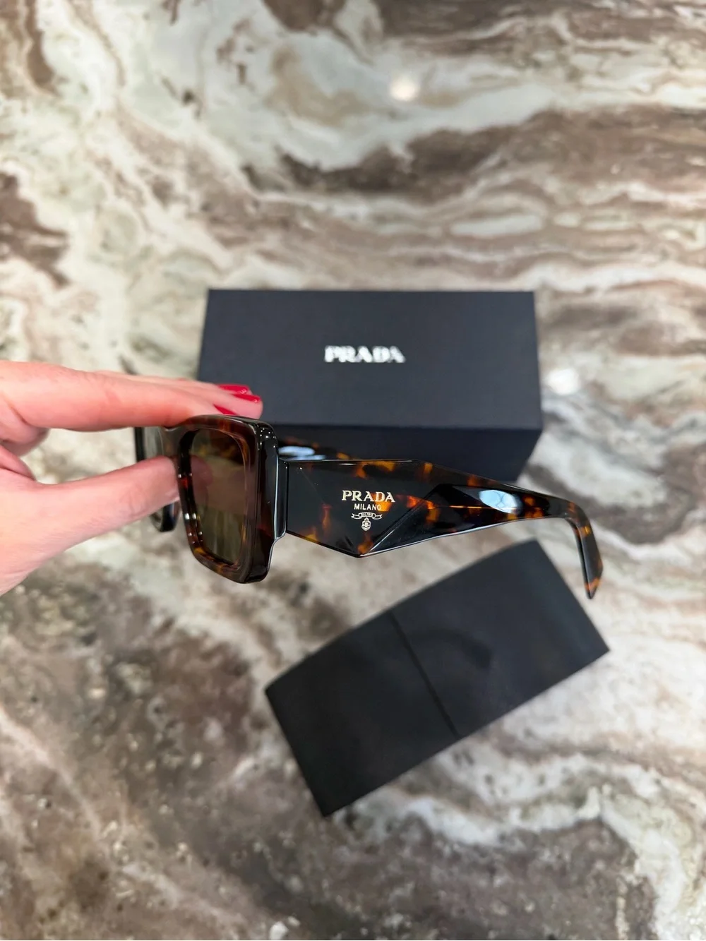 Prada Woman’s Tortoiseshell Rectangular Sunglasses with Brown Lenses